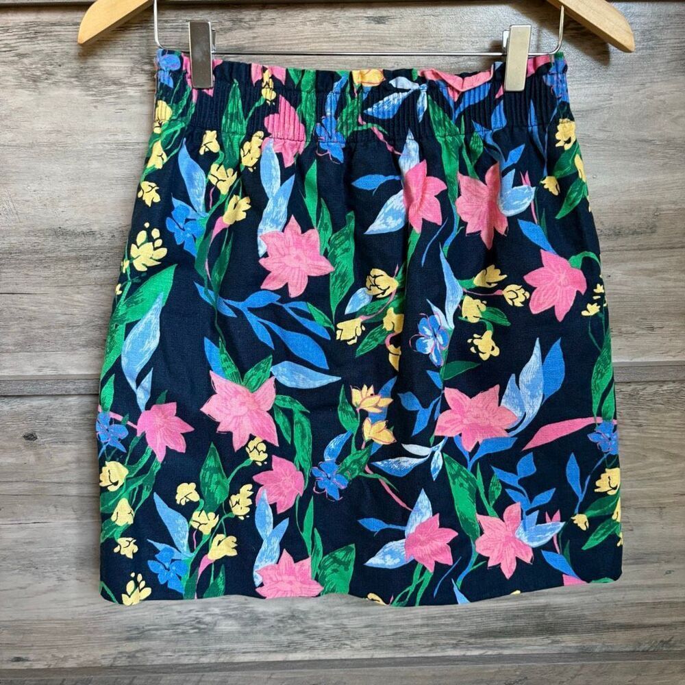 J. Crew Navy Blue Floral Linen Pencil Skirt Pockets Preppy Boho Chic Cottagecore
